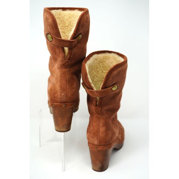 Ugg Lynnea Suede and Shearling Wooden Sole Clog Boots Red Wood Color - Picture 5 of 9